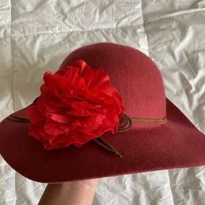 red floral hat.
